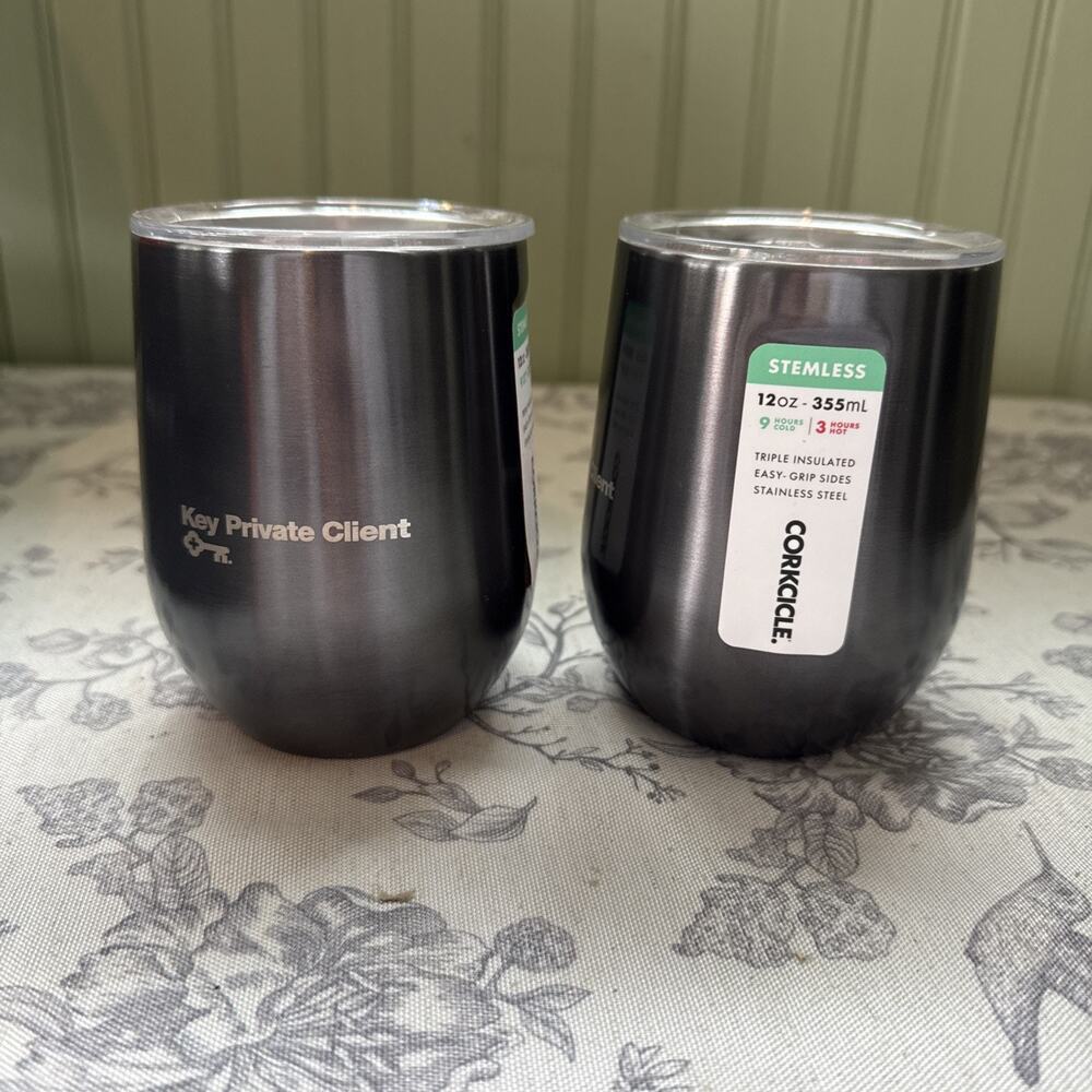 2 Corkcicle 12 Oz Triple Insulated Stemless Wine Tumbler Lid Silver NEW Key Bank